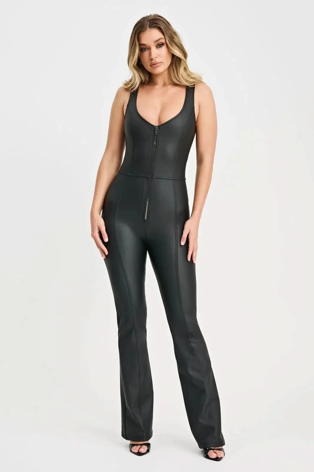 WRUP Faux Leather Jumpsuit - High Waisted - Flare - Black - Image 6