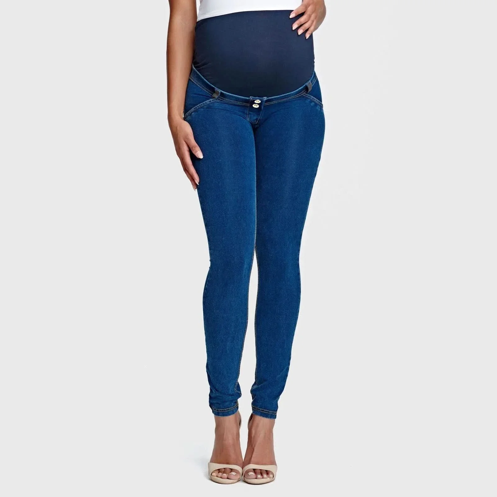WRUP Maternity Denim - Full Length - Dark Blue + Yellow Stitching - Image 2