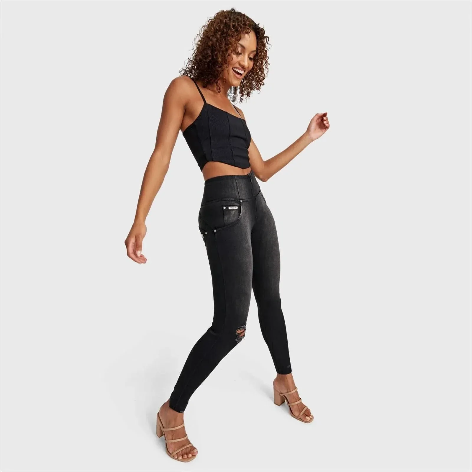 WRUP SNUG Distressed Jeans - High Waisted - Full Length - Black + Black Stitching - Image 8