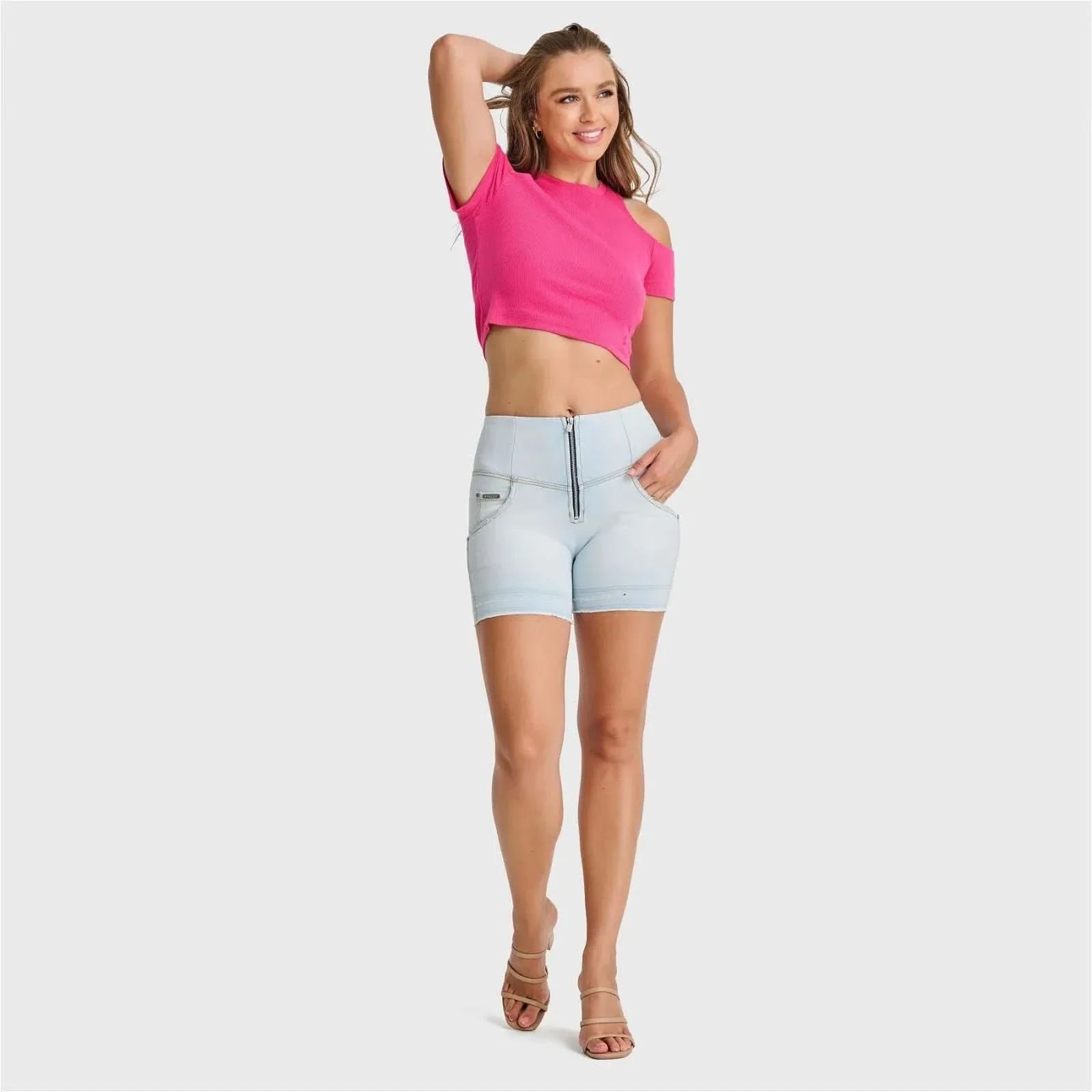 WRUP SNUG Jeans - High Waisted - Shorts - Baby Blue + Yellow Stitching - Image 4