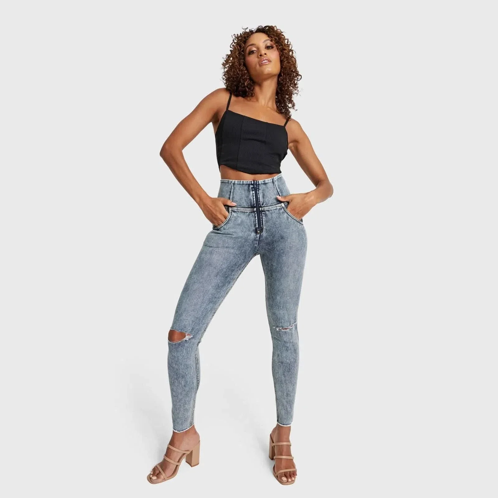 WRUP SNUG Ripped Jeans - High Waisted - Full Length - Blue Stonewash + Yellow Stitching - Image 7