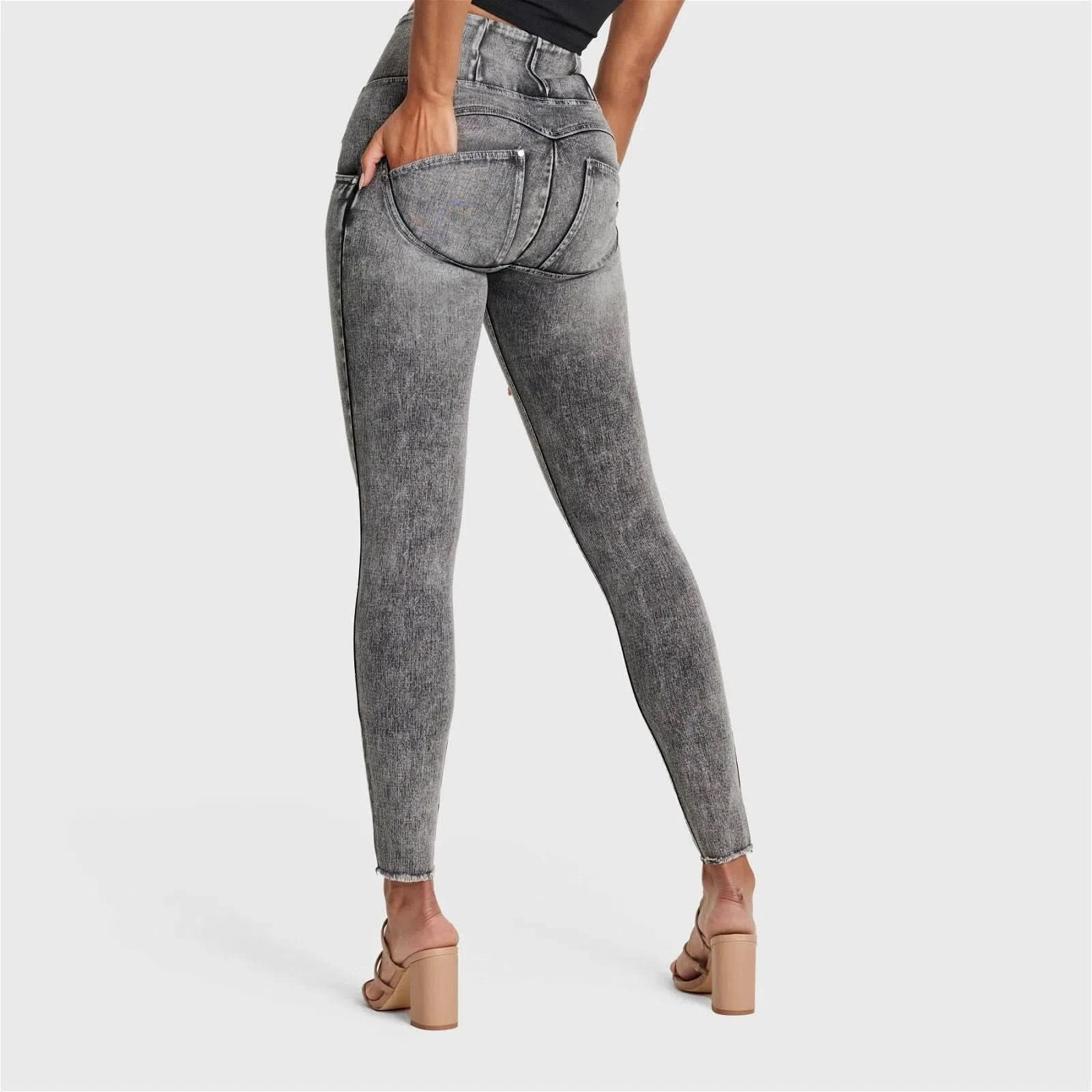 WRUP SNUG Ripped Jeans - High Waisted - Full Length - Grey Stonewash + Grey Stitching - Image 7