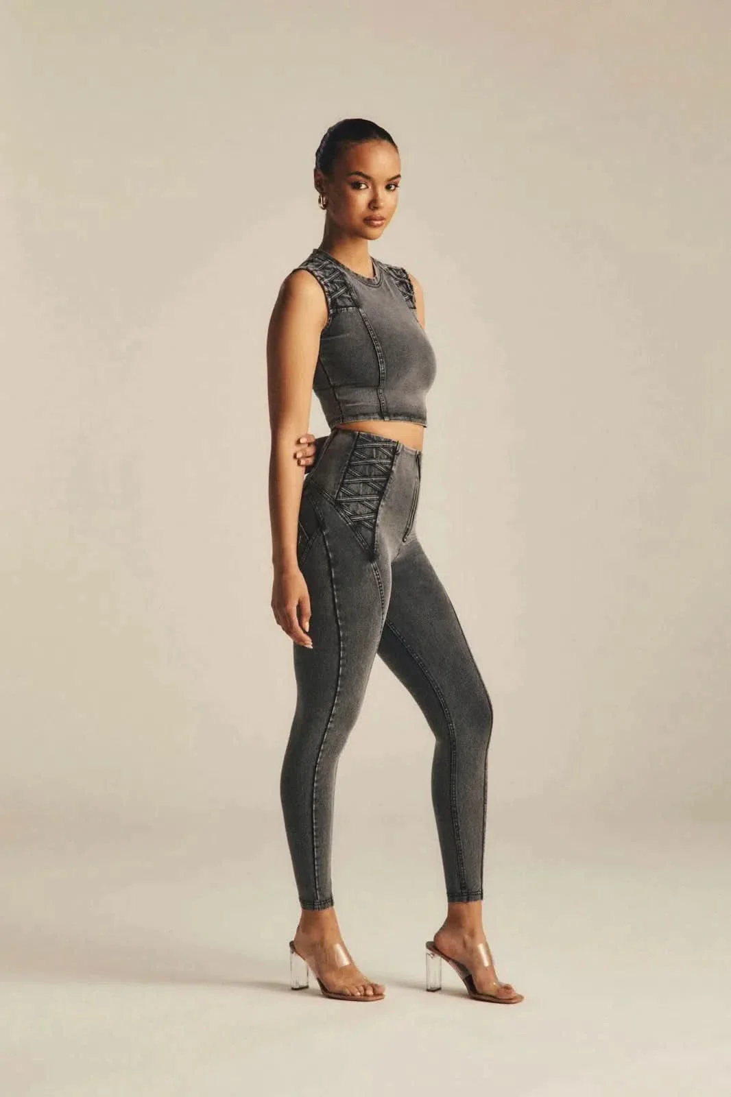 WRUP Denim Criss Cross Detail - High Waisted - 7/8 Length - Dark Grey Denim + Black Stitching - Image 2