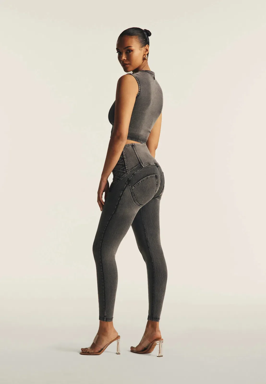 WRUP Denim Criss Cross Detail - High Waisted - 7/8 Length - Dark Grey Denim + Black Stitching - Image 3