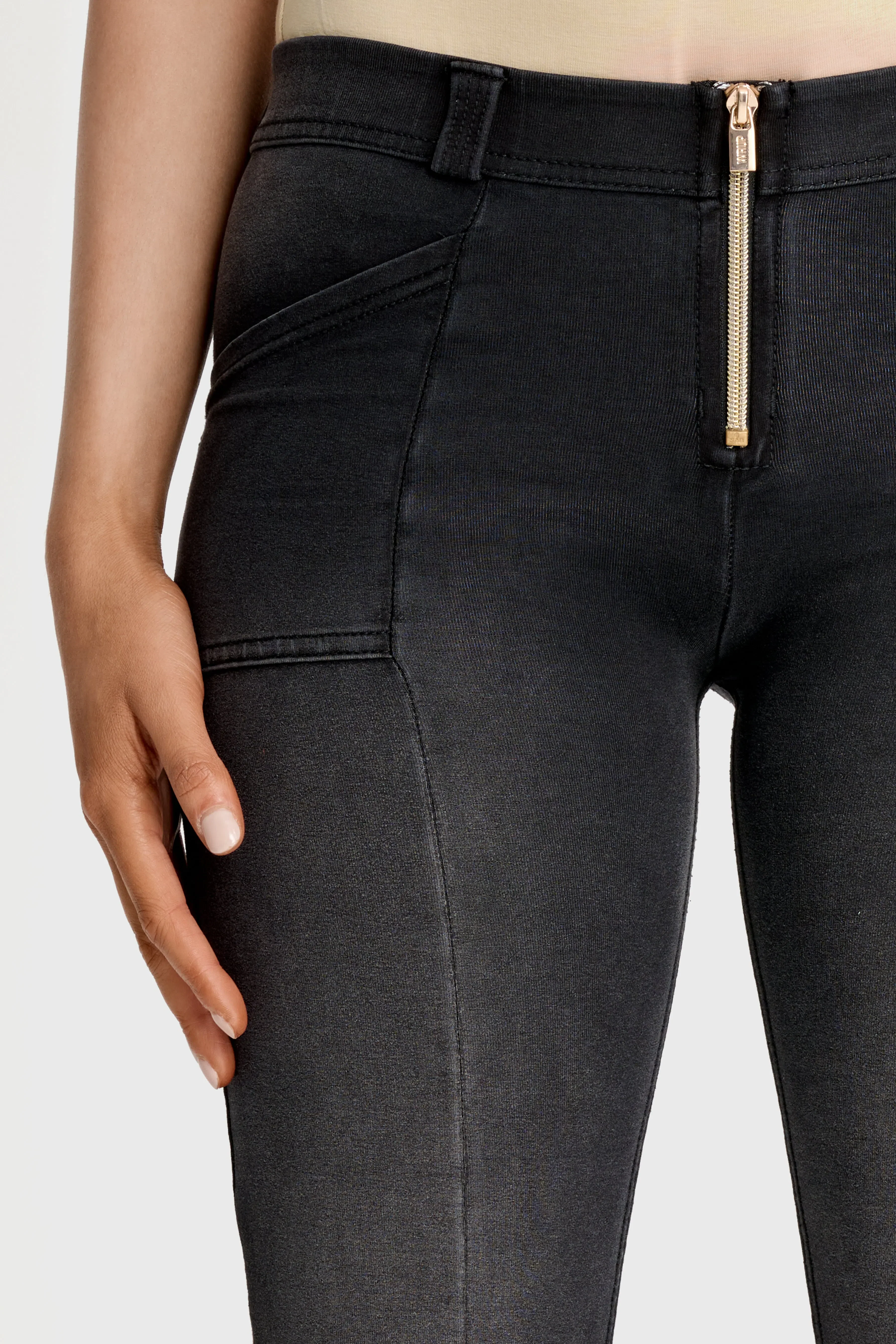 WRUP Denim with Gold Zip - Mid Rise - Flare - Black + Black Stitching - Image 5