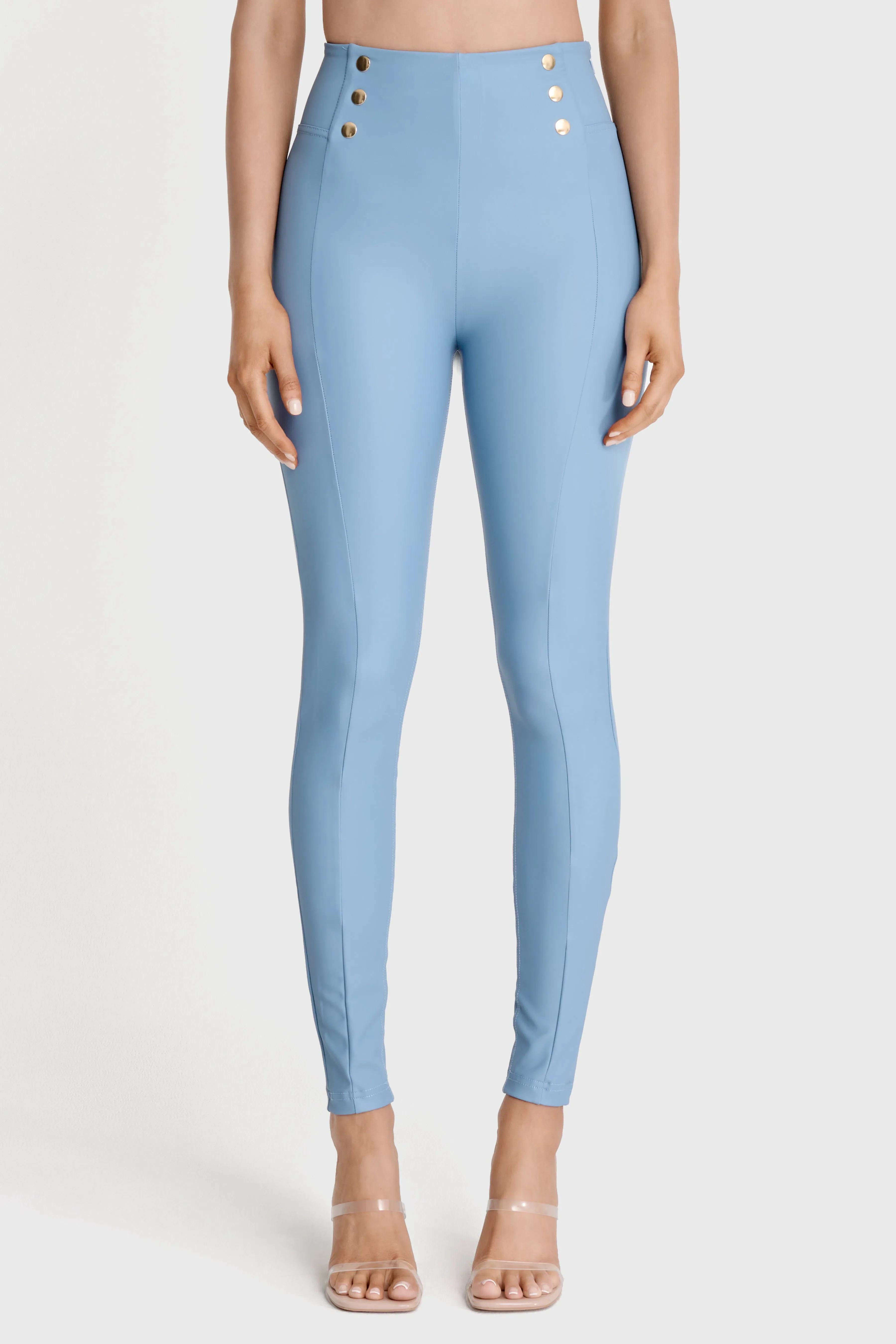 WRUP Faux Leather with Button Detail - Super High Waisted - Full Length - Baby Blue - Image 5
