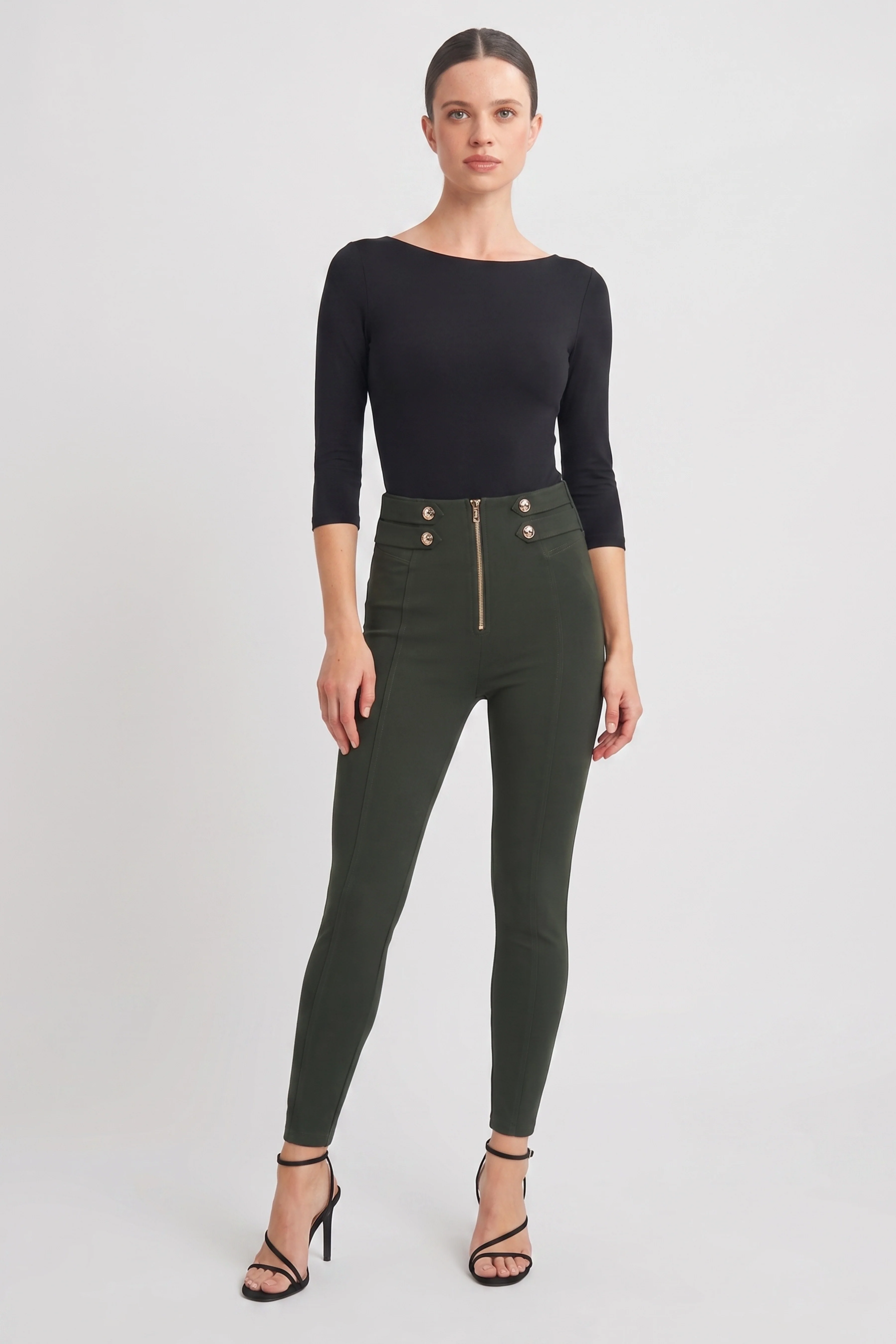 WRUP Military Button Detail Fashion - High Waisted - 7/8 Length - Army Green