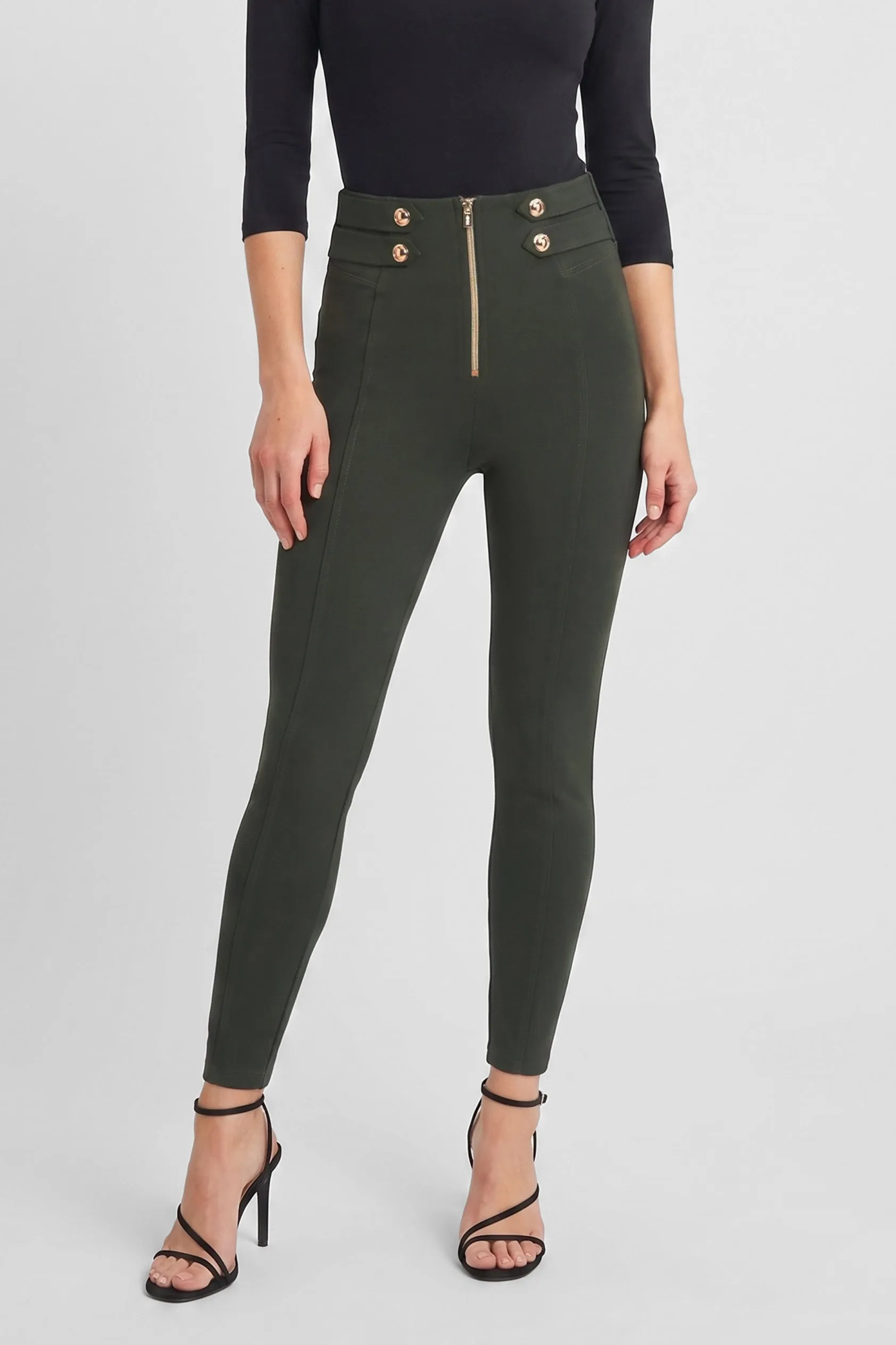 WRUP Military Button Detail Fashion - High Waisted - 7/8 Length - Army Green - Image 3