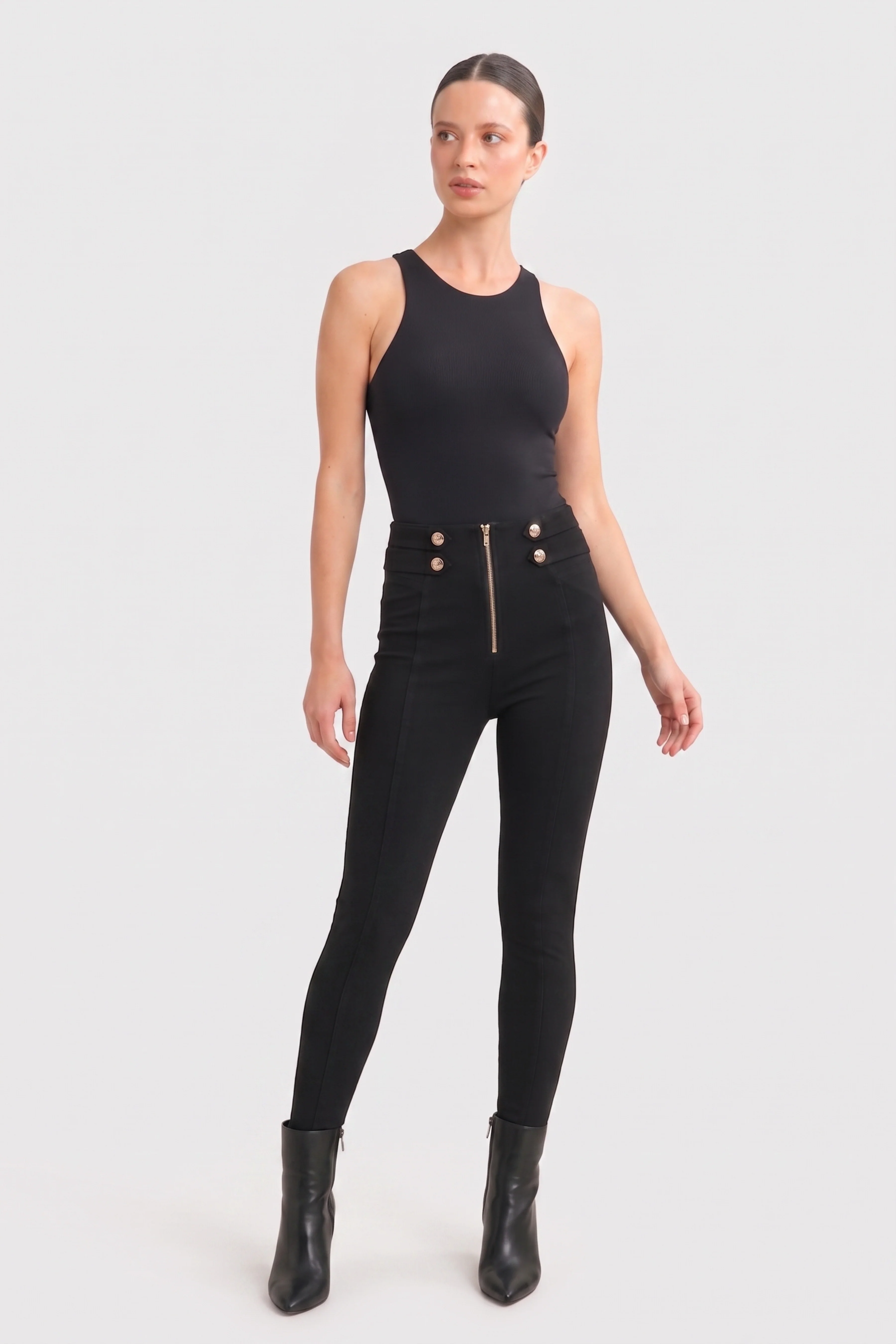 WRUP Military Button Detail Fashion - High Waisted - 7/8 Length - Black