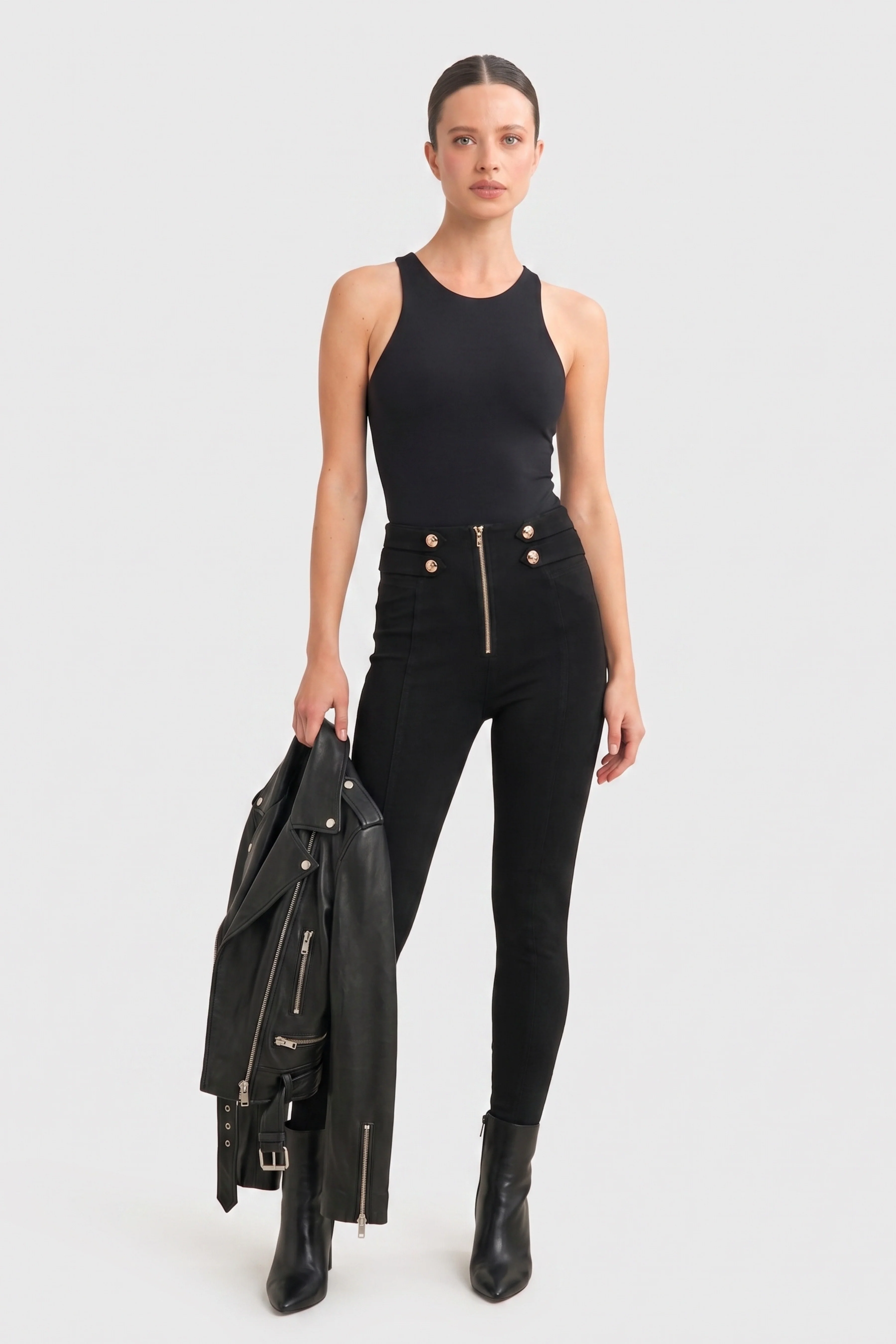 WRUP Military Button Detail Fashion - High Waisted - 7/8 Length - Black - Image 3