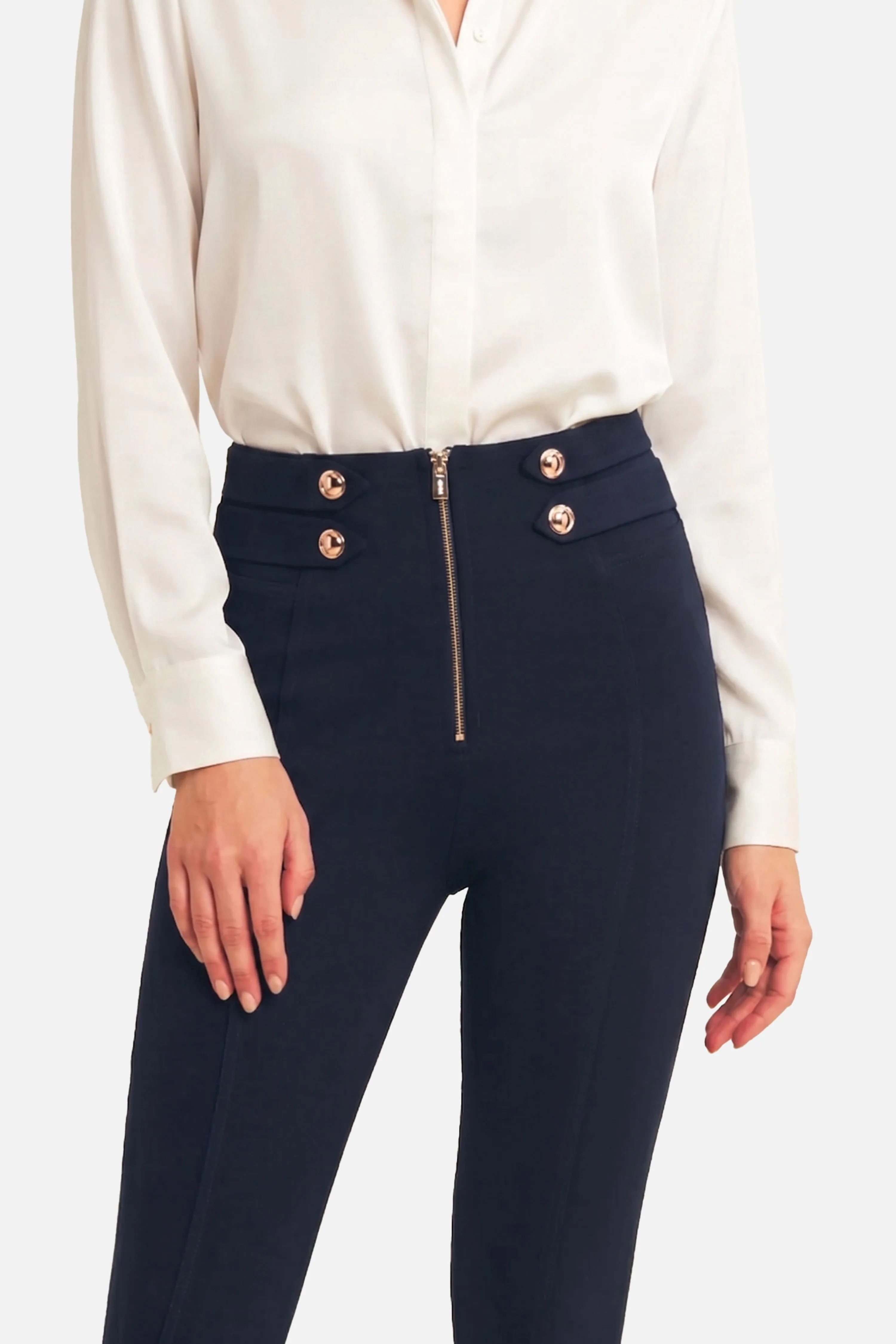 WRUP Military Button Detail Fashion - High Waisted - 7/8 Length - Deep Blue - Image 4